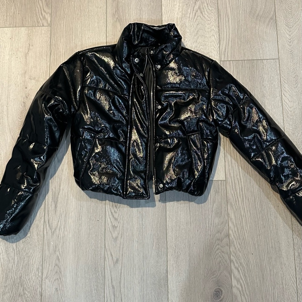 Black Faux Leather Insulated Puffer